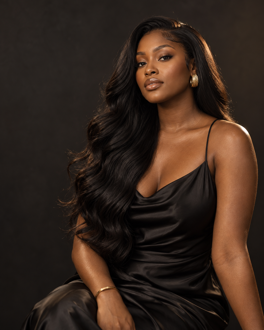 Editorial portrait featuring long, dark body-wave hair